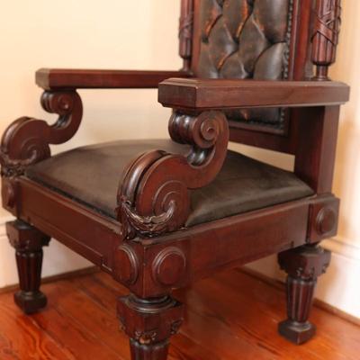 Antique Carved Mahogany Chair with Axe Finials (See Details)