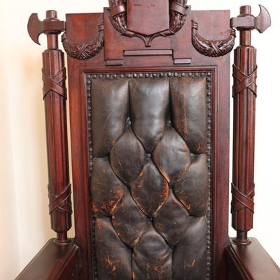 Antique Carved Mahogany Chair with Axe Finials (See Details)