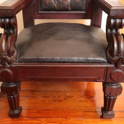 Antique Carved Mahogany Chair with Axe Finials (See Details)
