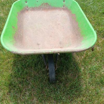 Garden Tool Lot – Green steel Wheelbarrow & Manual Bulb Planter