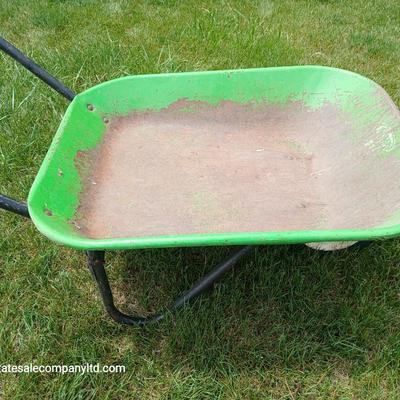 Garden Tool Lot – Green steel Wheelbarrow & Manual Bulb Planter