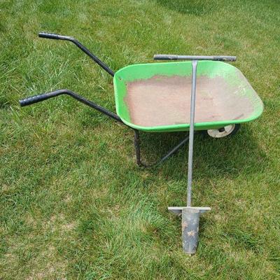 Garden Tool Lot – Green steel Wheelbarrow & Manual Bulb Planter
