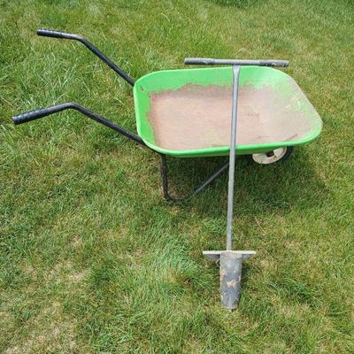 Garden Tool Lot – Green steel Wheelbarrow & Manual Bulb Planter