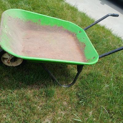 Garden Tool Lot – Green steel Wheelbarrow & Manual Bulb Planter