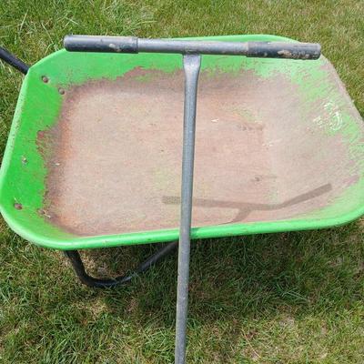 Garden Tool Lot – Green steel Wheelbarrow & Manual Bulb Planter