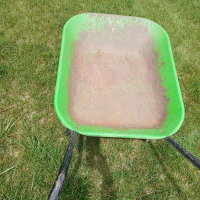 Garden Tool Lot – Green steel Wheelbarrow & Manual Bulb Planter