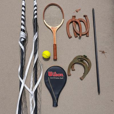 Vintage Sports & Yard Game Lot – Tennis, Horseshoes, & Net Set
