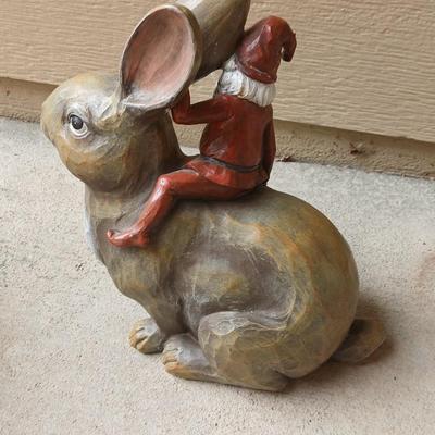A bear and a rabbit are in the woods.... Wood Carved Bear & Jingle & Mingle Studios Rabbit with Elf