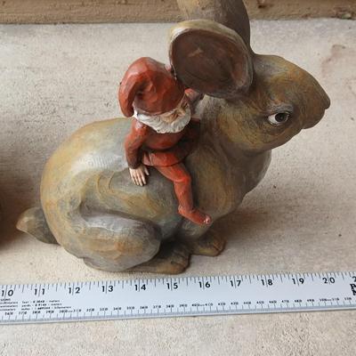 A bear and a rabbit are in the woods.... Wood Carved Bear & Jingle & Mingle Studios Rabbit with Elf