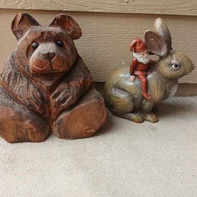 A bear and a rabbit are in the woods.... Wood Carved Bear & Jingle & Mingle Studios Rabbit with Elf