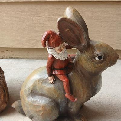 A bear and a rabbit are in the woods.... Wood Carved Bear & Jingle & Mingle Studios Rabbit with Elf