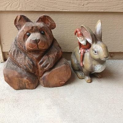 A bear and a rabbit are in the woods.... Wood Carved Bear & Jingle & Mingle Studios Rabbit with Elf