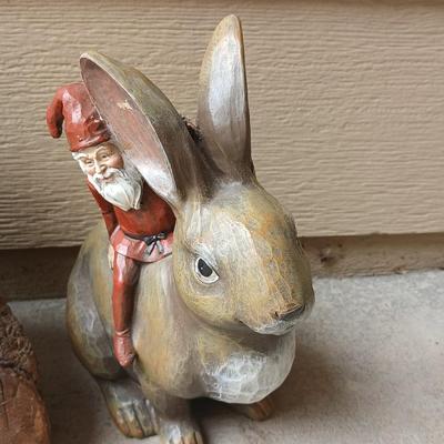A bear and a rabbit are in the woods.... Wood Carved Bear & Jingle & Mingle Studios Rabbit with Elf