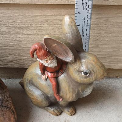 A bear and a rabbit are in the woods.... Wood Carved Bear & Jingle & Mingle Studios Rabbit with Elf