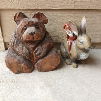 A bear and a rabbit are in the woods.... Wood Carved Bear & Jingle & Mingle Studios Rabbit with Elf
