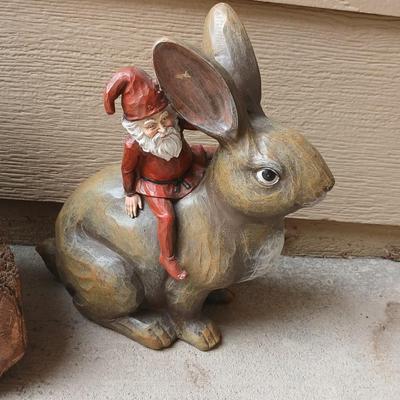 A bear and a rabbit are in the woods.... Wood Carved Bear & Jingle & Mingle Studios Rabbit with Elf