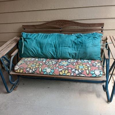 Wood & Metal Outdoor Glider Bench with Floral Cushion