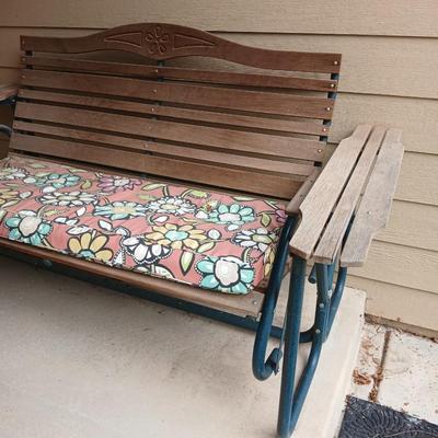 Wood & Metal Outdoor Glider Bench with Floral Cushion