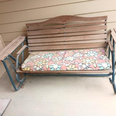 Wood & Metal Outdoor Glider Bench with Floral Cushion