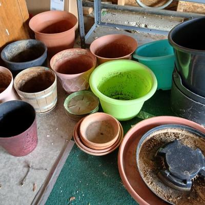 Assorted Garden Planters – Mixed Sizes & Materials - Lots of plant saucers Flowerpots