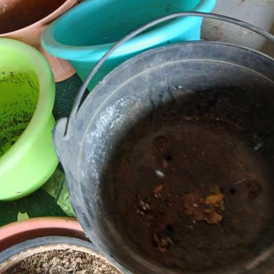 Assorted Garden Planters – Mixed Sizes & Materials - Lots of plant saucers Flowerpots