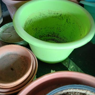 Assorted Garden Planters – Mixed Sizes & Materials - Lots of plant saucers Flowerpots