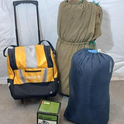 Camping Gear Lot – Sleeping Bags, Air Pump & Rolling Bag