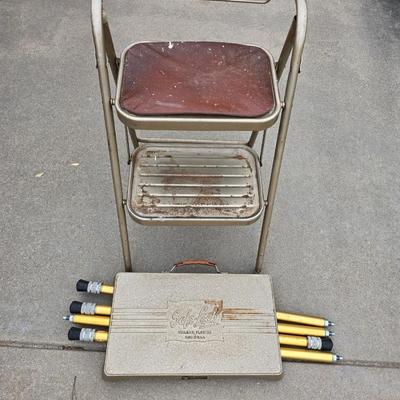 Vintage Cosco Step Stool Chair & Vintage Welt Safe-Lock Metal Professional Project-O-Stand Projector Table/Stand
