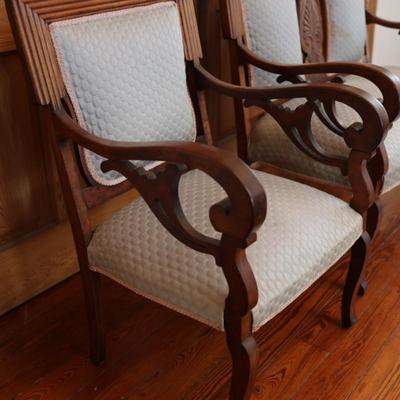 Victorian Carved Walnut Settee With Open Arms & Chair Set