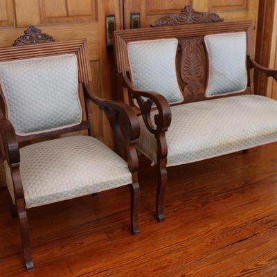 Victorian Carved Walnut Settee With Open Arms & Chair Set