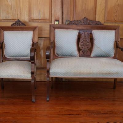 Victorian Carved Walnut Settee With Open Arms & Chair Set