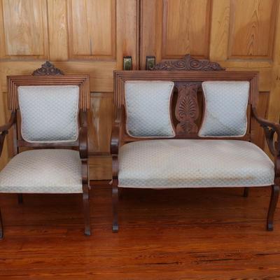 Victorian Carved Walnut Settee With Open Arms & Chair Set