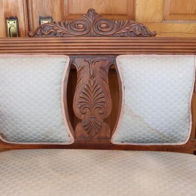 Victorian Carved Walnut Settee With Open Arms & Chair Set