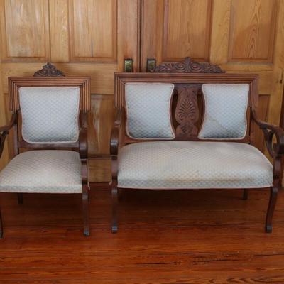 Victorian Carved Walnut Settee With Open Arms & Chair Set