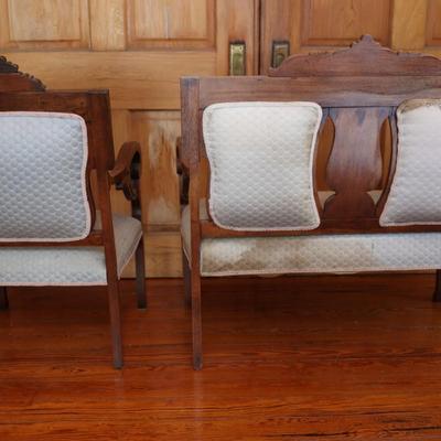 Victorian Carved Walnut Settee With Open Arms & Chair Set