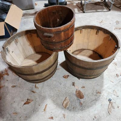 3 Wooden 1/2 Barrels 2 on Casters with Lid Seats 1 Planter
