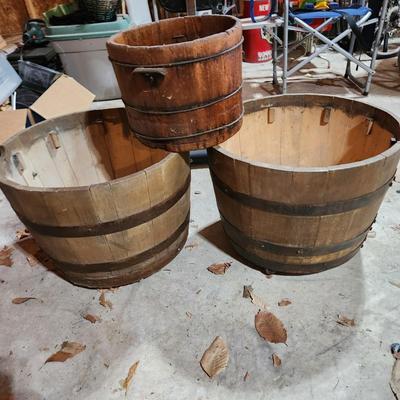 3 Wooden 1/2 Barrels 2 on Casters with Lid Seats 1 Planter