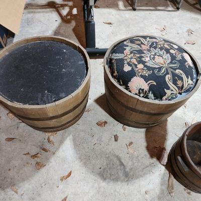 3 Wooden 1/2 Barrels 2 on Casters with Lid Seats 1 Planter