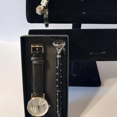 Fashion Gift Set – “Marry” Quartz Watch & Gem Pen + Beaded Charm Bracelet