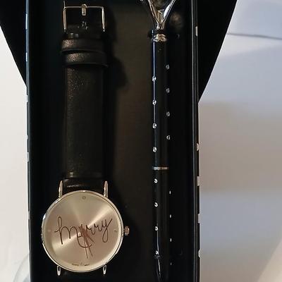 Fashion Gift Set – “Marry” Quartz Watch & Gem Pen + Beaded Charm Bracelet