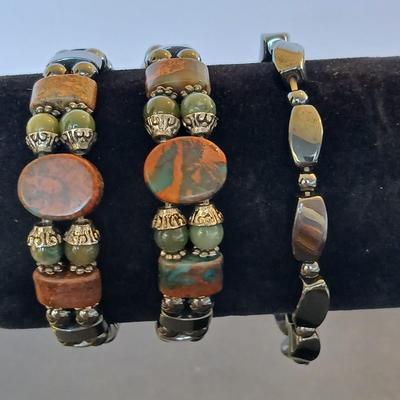 Lot of 3 Magnetic Hematite-Style Stretch Bracelets – Natural Stone Accents