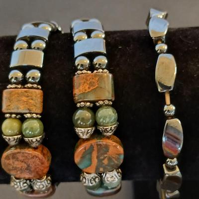 Lot of 3 Magnetic Hematite-Style Stretch Bracelets – Natural Stone Accents