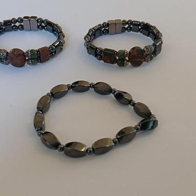 Lot of 3 Magnetic Hematite-Style Stretch Bracelets – Natural Stone Accents