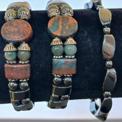 Lot of 3 Magnetic Hematite-Style Stretch Bracelets – Natural Stone Accents