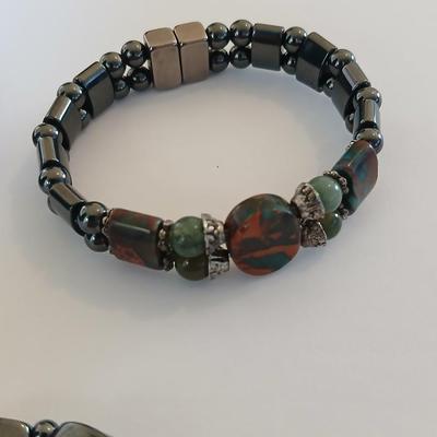 Lot of 3 Magnetic Hematite-Style Stretch Bracelets – Natural Stone Accents