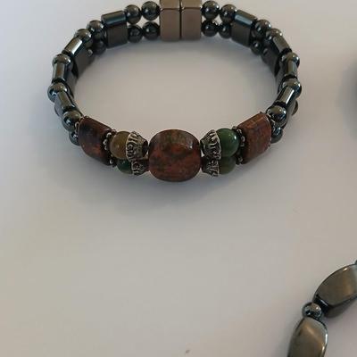 Lot of 3 Magnetic Hematite-Style Stretch Bracelets – Natural Stone Accents