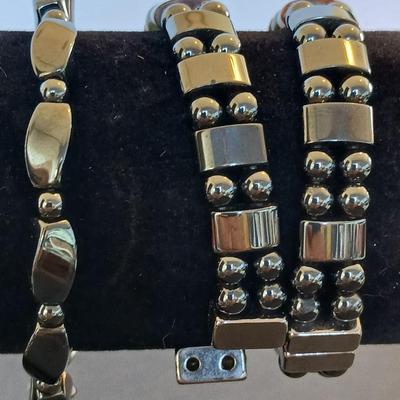 Lot of 3 Magnetic Hematite-Style Stretch Bracelets – Natural Stone Accents