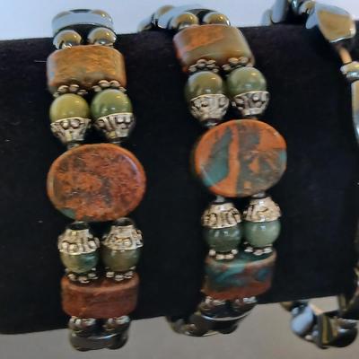 Lot of 3 Magnetic Hematite-Style Stretch Bracelets – Natural Stone Accents