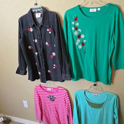 Quacker Factory Women’s Embellished Tops – Ladybug & More – Size Medium – Lot of 4