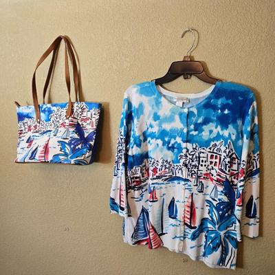 Christopher & Banks Petite Cardigan & Tote Bag Set – Coastal Print – Size P/L